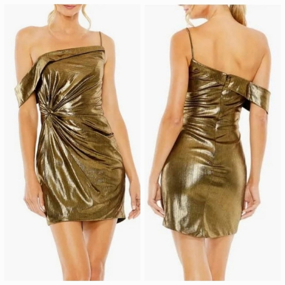 New Mac Duggal Gold Asymmetrical Front Knot Mini Dress - Picture 1 of 8